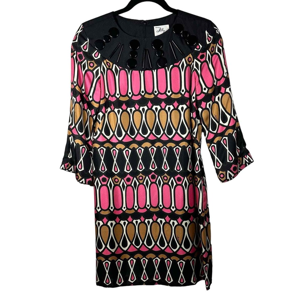 Milly Size 4 Shift Dress Pink Gold Black 3/4 Sleeve Silk Embellished Geometric